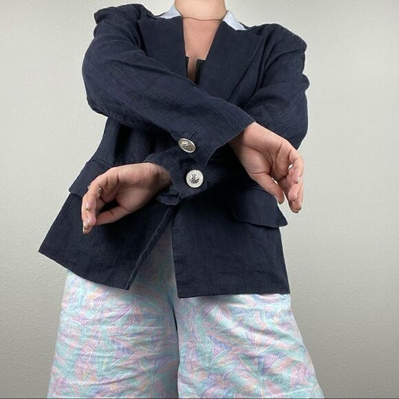 Vintage Women’s Louis Feraud Navy Blue Linen Blazer Sz L - Picture 9 of 11